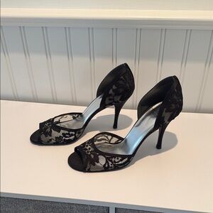 Stuart Weitzman Black Lace Peep-Toe Heels